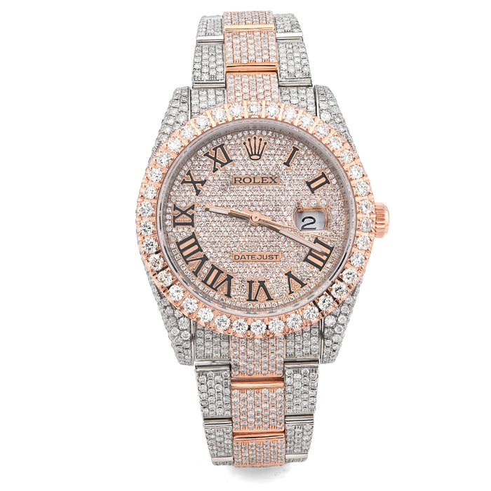 Rolex Datejust 41MM Rose & White 18CT Natural Diamond Bussdown Single Row Bezel Men Watch