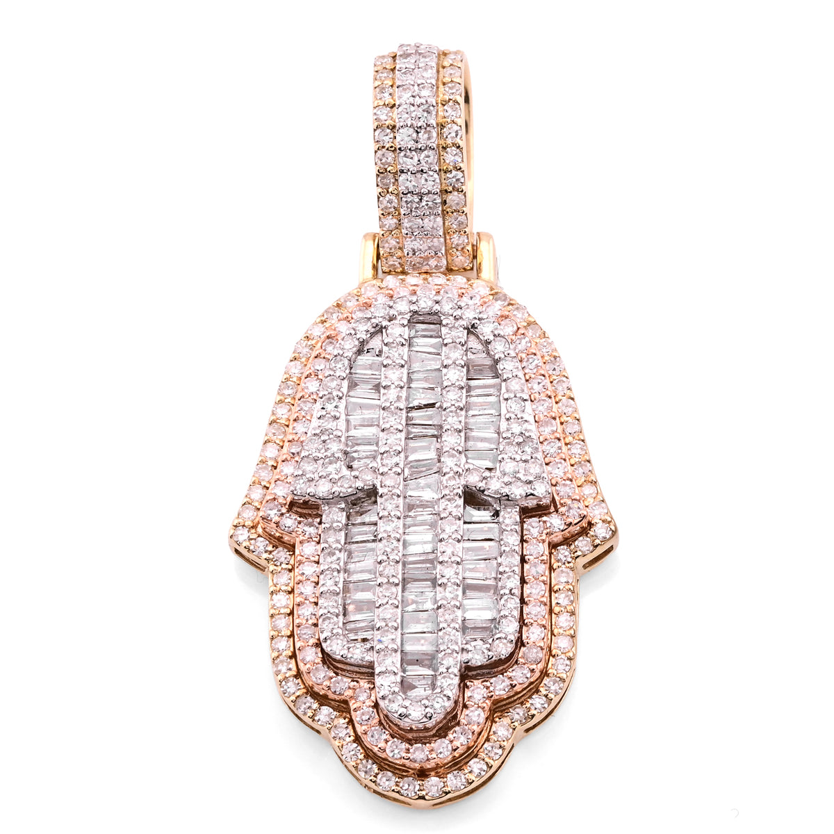 10k Tri-Color Gold 7.2gm 1.05 CTW Real Round/Baguette Diamond Hamsa Hand Pendant