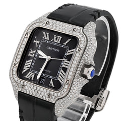 Cartier Santos 40MM 4.5CTW Natural Diamond Black Leather Strap Band Black Face Watch