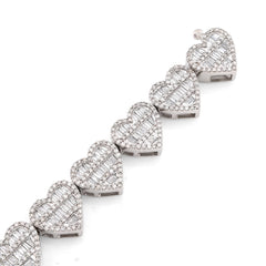 7.5MM 10k White Gold 14.9gm 2.52CTW Round/Baguette Diamond Heart Tennis Bracelet