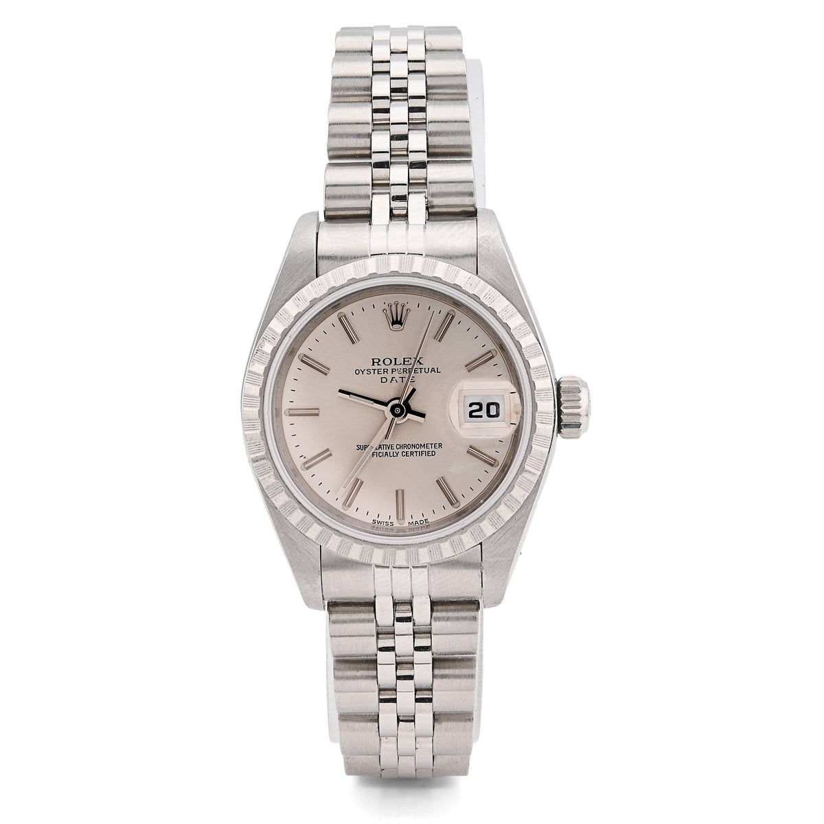 Rolex 26MM Datejust All Steel White Face Engine Turned Bezel 79240 Watch