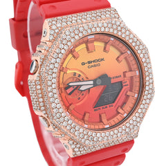 G-Shock GA-2100FL 7CTW Rose Natural Diamond Bezel Red Band Men Watch