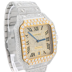 Cartier Santos 40MM 17CTW Natural Diamond Bussdown 2-Tone Yellow Bezel Watch