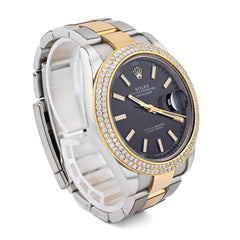 Rolex 41MM Datejust Two-Tone Oyster 3CT 2 Row Diamond Bezel Black Face 126303 Watch