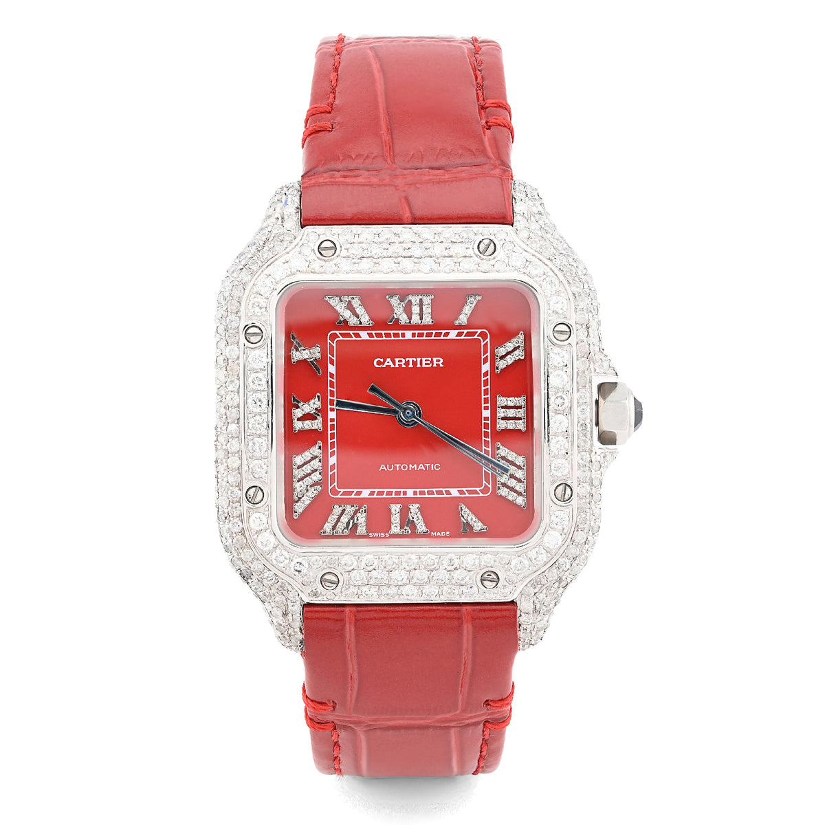 Cartier 35MM Red Face and Strap 2CT Natural Diamond Watch