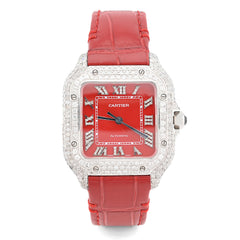 Cartier 35MM Red Face and Strap 2CT Natural Diamond Watch