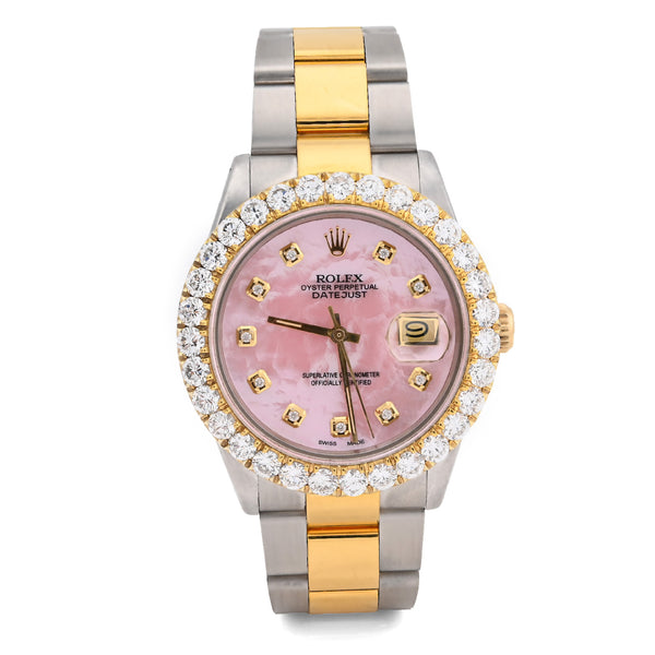 Rolex Datejust 36MM SS/10k Gold 3CT Lab Diamond Bezel Oyster Pink Face Men Watch