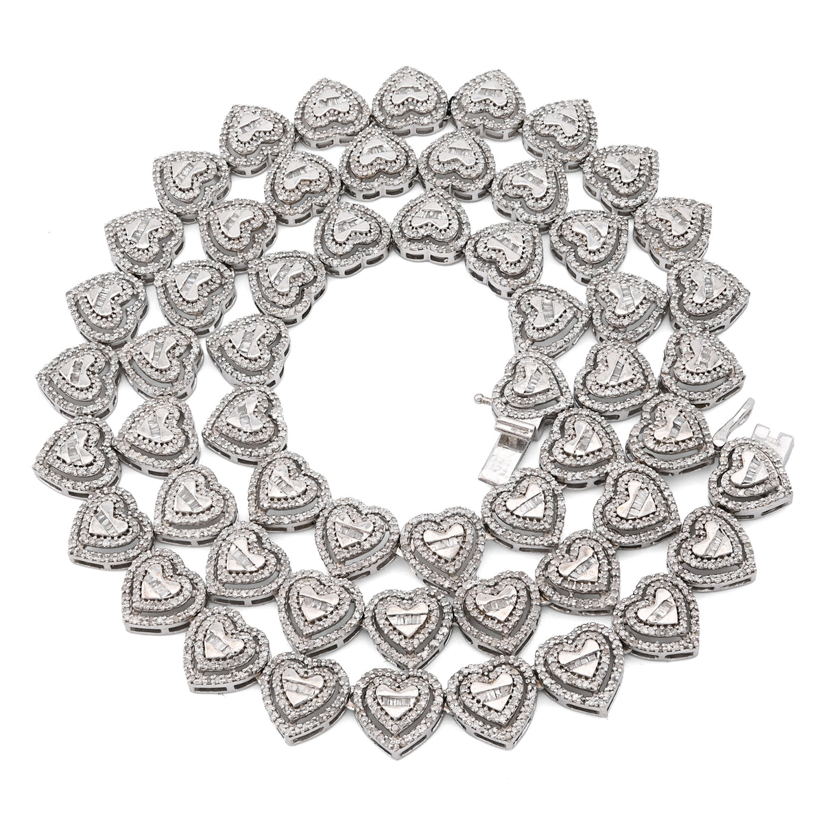 925 Sterling Silver 6CTW Natural Diamond Heart Shape Tennis Necklace 32.9g Chain