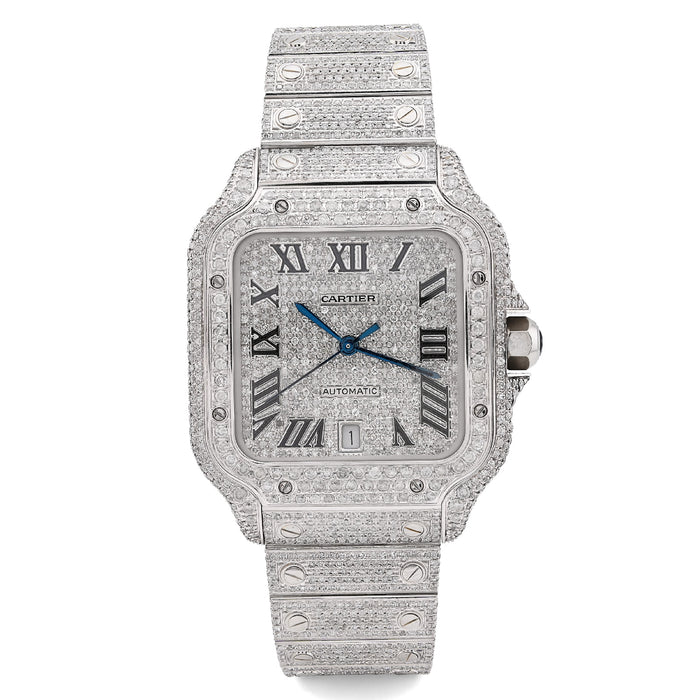 Cartier Santos All White 40MM 12CTW Natural Diamond Bussdown ICED Mens Watch