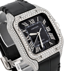 Cartier Santos 40MM 4.5CTW Natural Diamond Black Leather Strap Band Black Face Watch