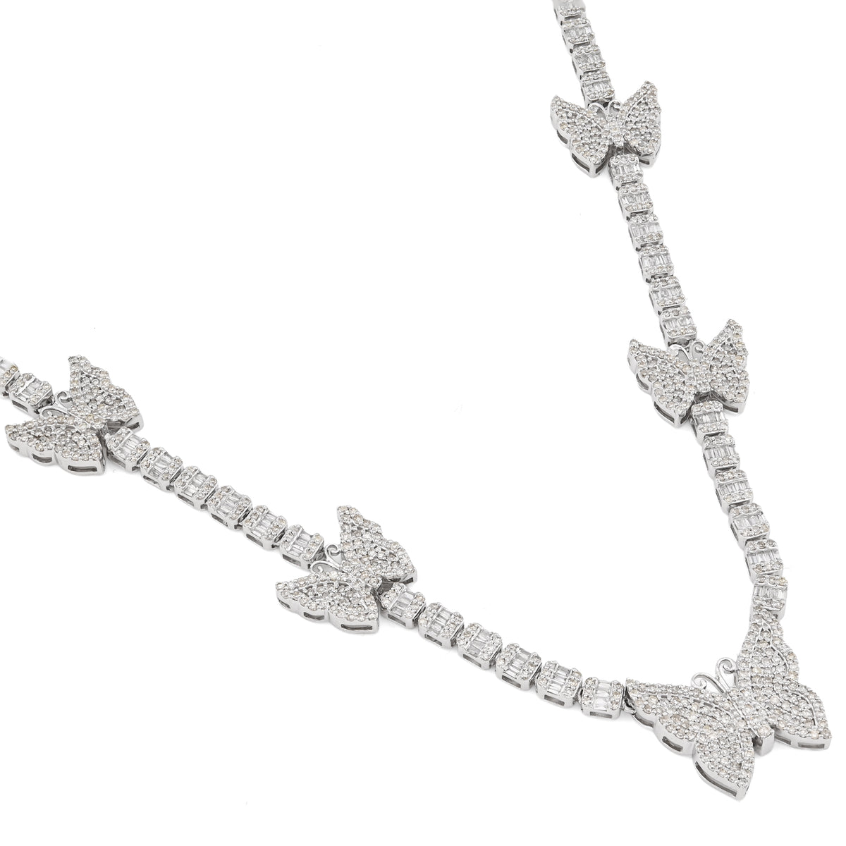 3.5MM 10k White Gold 5.48CTW Round/Baguette Diamond 26.5g Butterfly Tennis Chain