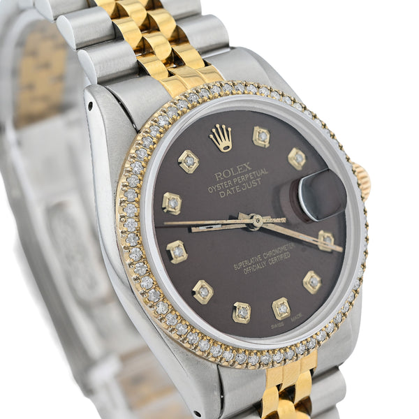 Rolex 36MM Datejust 1.5CT Natural Diamond Dial/Bezel Burgundy 2 Tone Jubilee Men Women Watch 16013