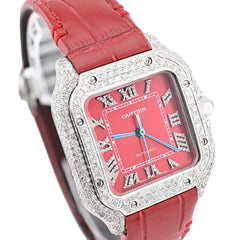 Cartier 35MM Red Face and Strap 2CT Natural Diamond Watch