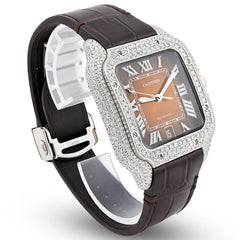 Cartier Santos 40MM 4.5CTW Natural Diamond Leather Strap Ombre Brown Face Watch