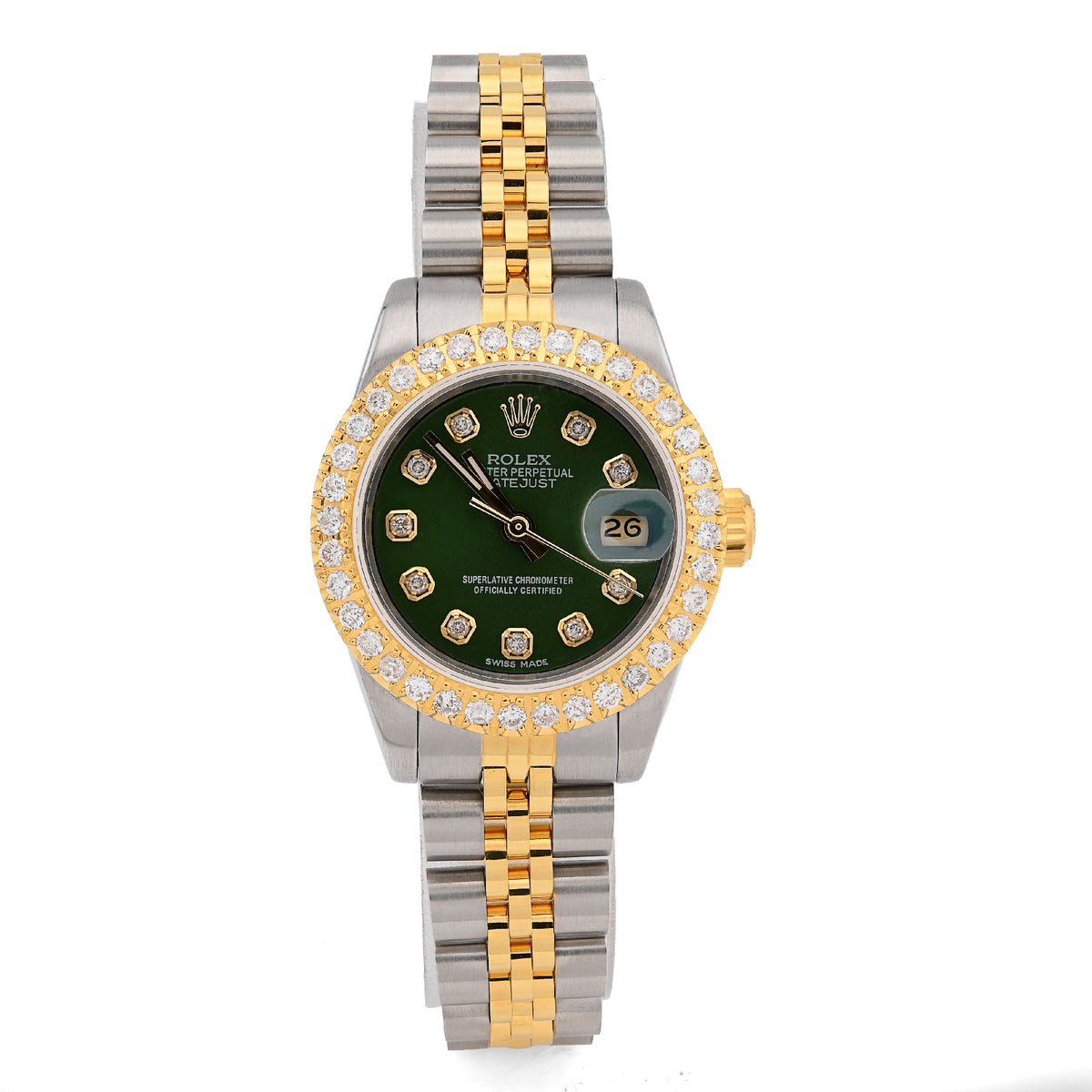 Rolex Datejust 26MM 1.5CT Green Face Natural Diamond Dial/Bezel Two Tone Jubilee Women Watch