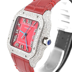 Cartier 35MM Red Face and Strap 2CT Natural Diamond Watch