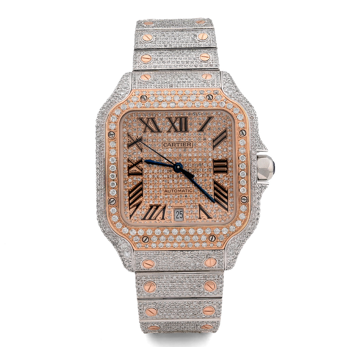 Cartier Santos Two Tone 40MM 13CTW Natural Diamond Rose Bezel Bussdown Watch