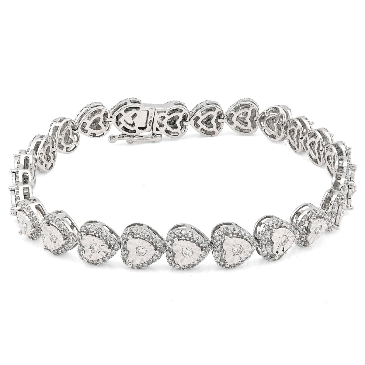 Womens 7MM 10k White Gold 13.6gms 2.1CTW Natural Heart Tennis Diamond Bracelet