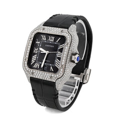 Cartier Santos 40MM 4.5CTW Natural Diamond Black Leather Strap Band Black Face Watch