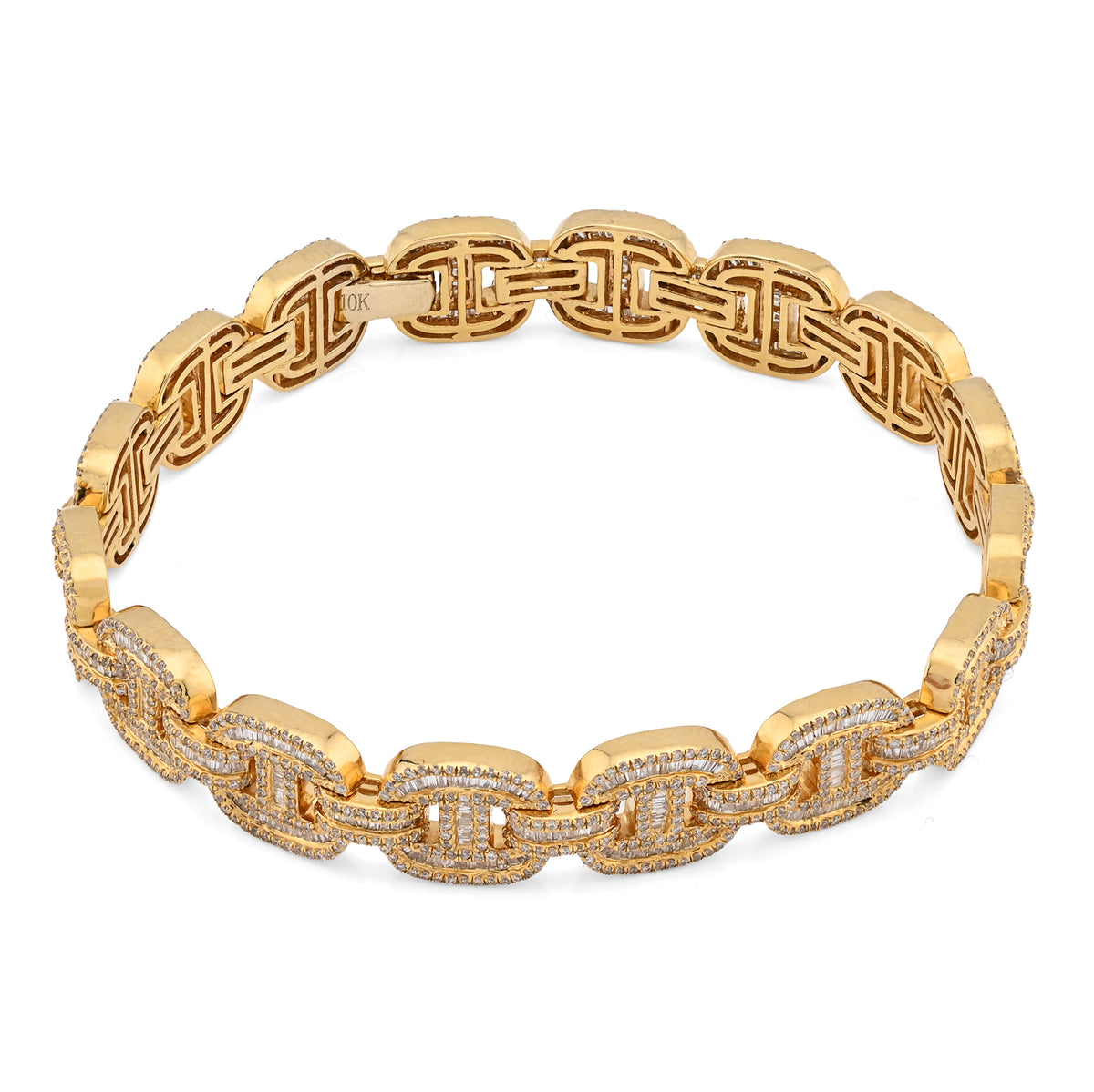 10MM 10k Yellow Gold 24.3gm 4.11CTW Pure Round/Baguette Diamond GG Link Bracelet