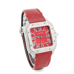 Cartier 35MM Red Face and Strap 2CT Natural Diamond Watch