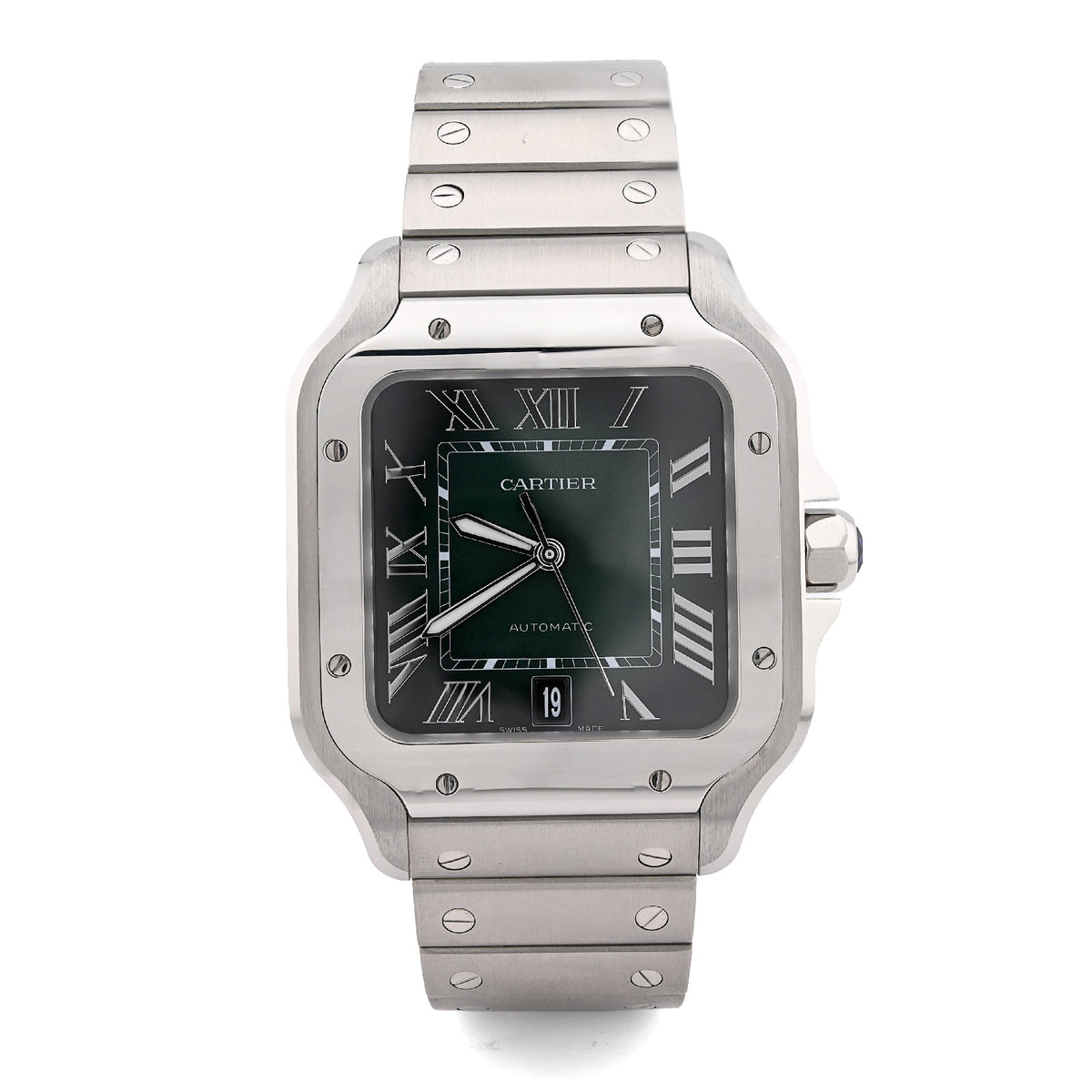 Cartier Santos 40MM Graduated Green Roman Dial Stainless Steel & Green Alligator Skin Band Watch