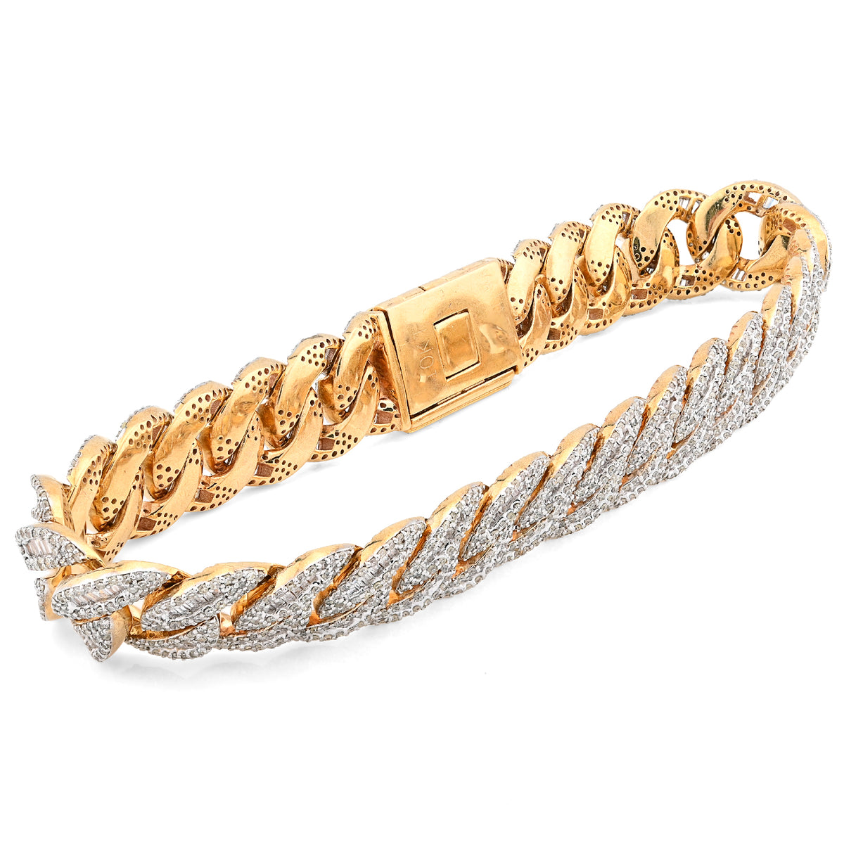 12MM 10k Yellow Gold 40.3gm 6.8CTW Natural Round/Baguette Diamond Cuban Bracelet