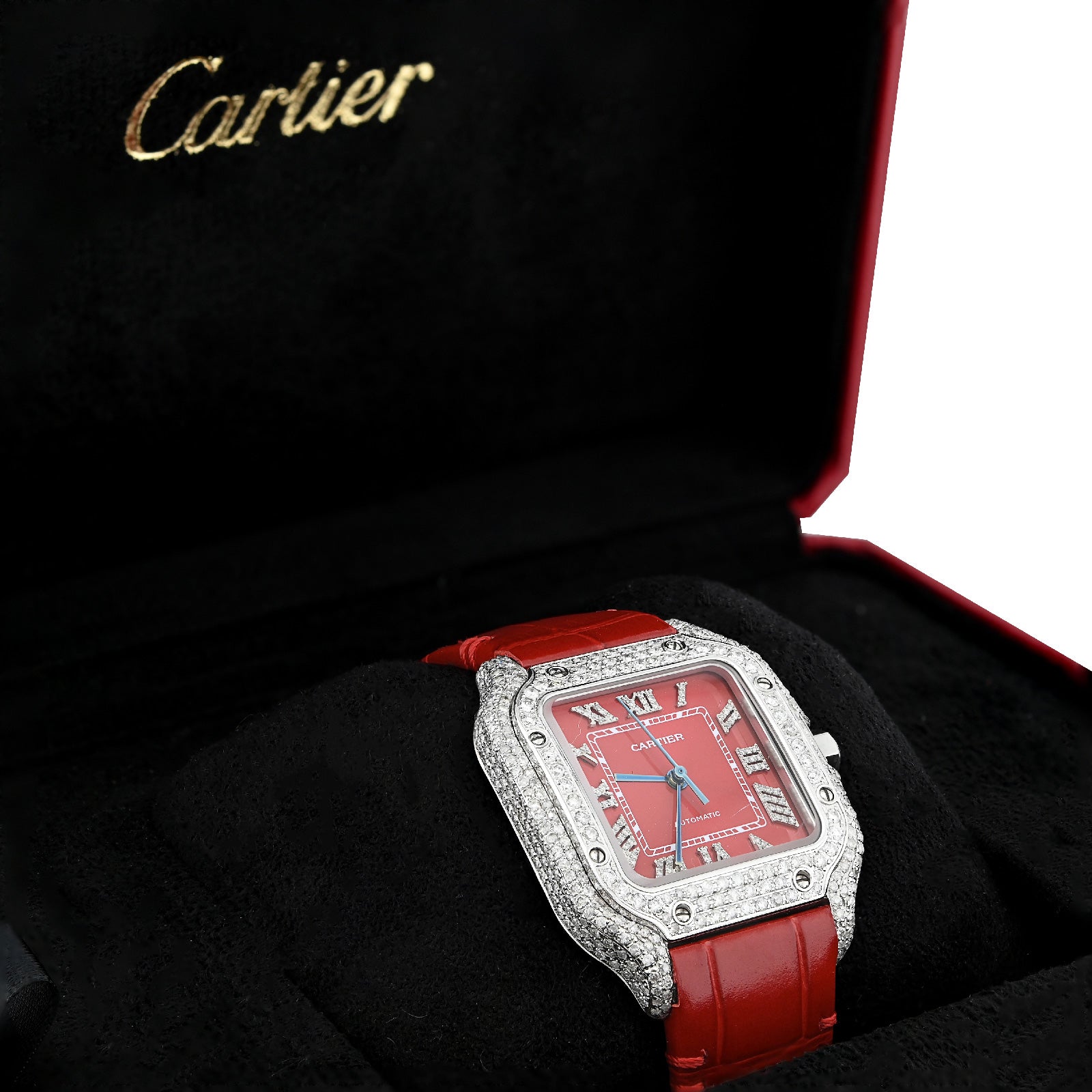 35m Red Cartier 35MM Red Face and Strap 2CT Natural Diamond Watch – SB Jewelers
