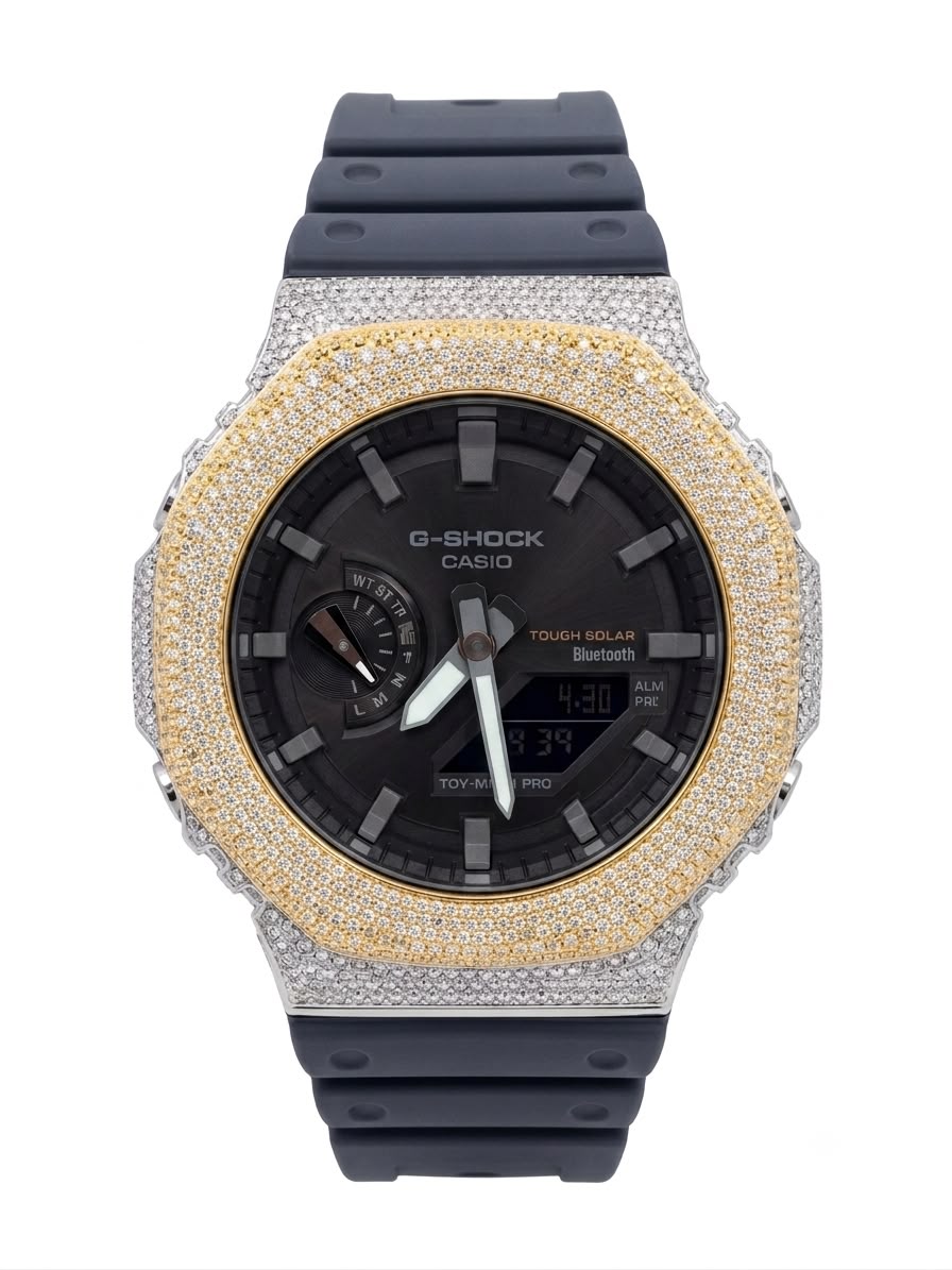 Casio G-Shock GA-2100 4.6 CT Natural Diamond Two-Tone Yellow / White Iced Out Blue Band Watch