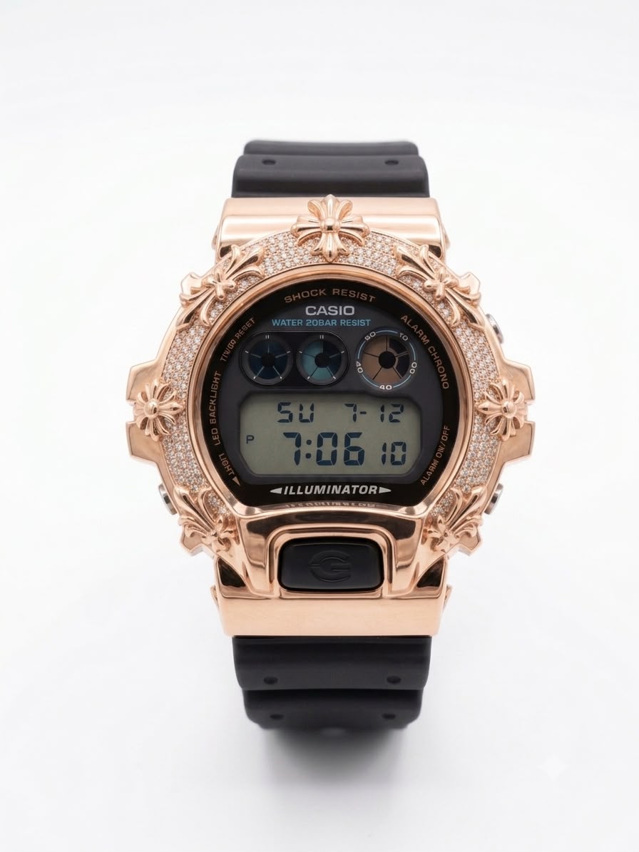 Casio G-Shock DW-6900 3.5 CT Natural Diamond Iced Out Rose Chrome Heart Cross Watch