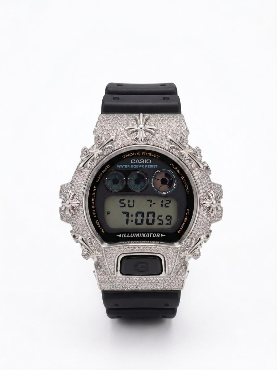 Casio G-Shock DW-6900 3.5 CT Natural Diamond Iced Out White Chrome Heart Cross Watch