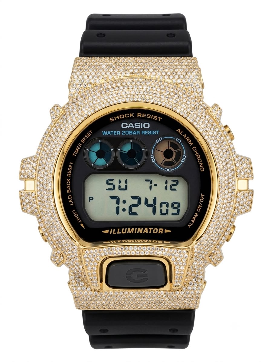Casio G-Shock DW-6900 4.6 CT Natural Diamond Yellow Iced Out Black Watch