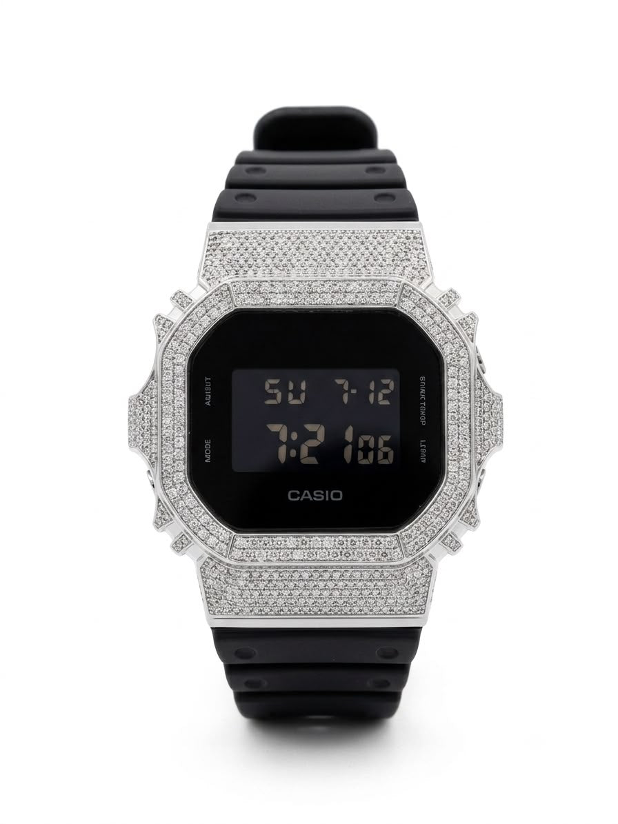 Casio G-Shock DW-5600 3.90 CT Natural Diamond White Iced Out Bezel Black Watch