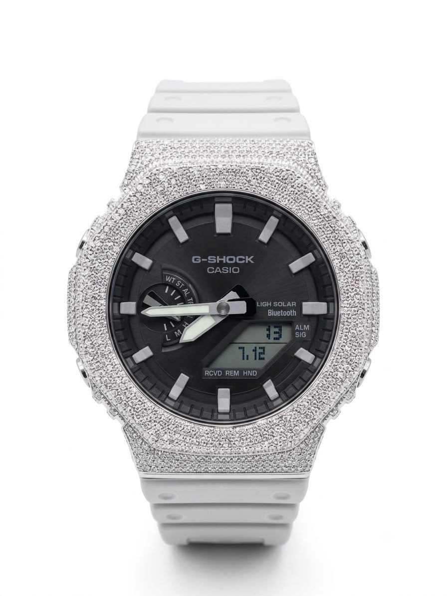 Casio G-Shock GA-2100 4.6 CT Natural Diamond White Iced Out Bezel Black Dial Band Watch
