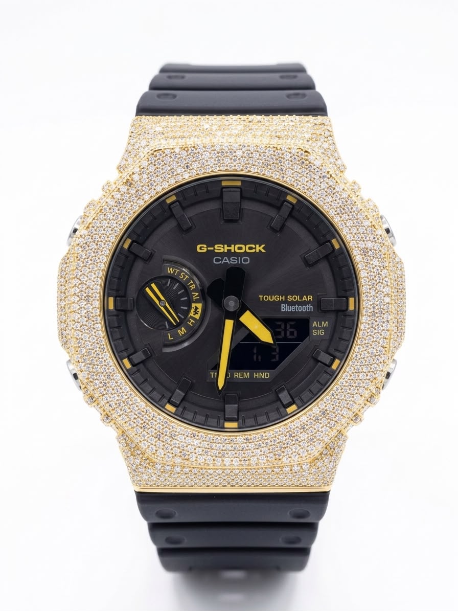 Casio G-Shock GA-2100 4.6 CT Natural Diamond Iced Out Yellow Bezel & Black Dial Watch