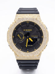 Casio G-Shock GA-2100 4.6 CT Natural Diamond Iced Out Yellow Bezel & Black Dial Watch