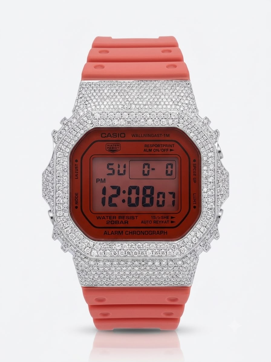 Casio G-Shock DW-5600 4.50 CT Natural Diamond White Iced Out Bezel Red Digital Watch
