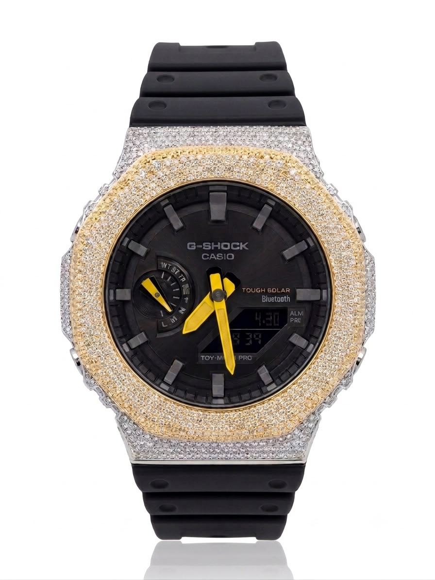 Casio G-Shock GA-2100 4.6 CT Natural Diamond Two-Tone Iced Out Yellow / White Bezel Black Dial Watch