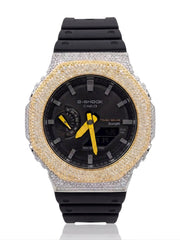 Casio G-Shock GA-2100 4.6 CT Natural Diamond Two-Tone Iced Out Yellow / White Bezel Black Dial Watch