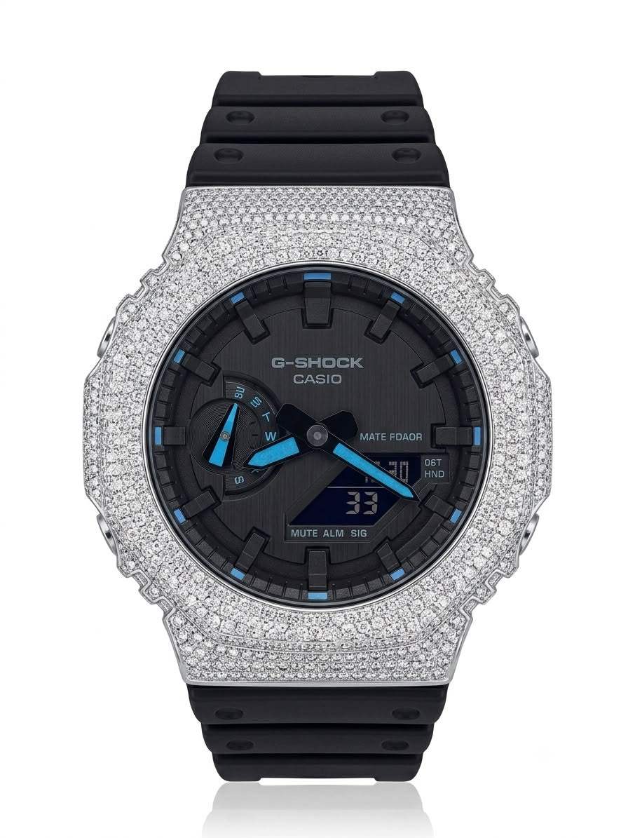 Casio G-Shock GA-2100 4.6 CT Natural Diamond White Iced Out Bezel Black Dial Band Watch