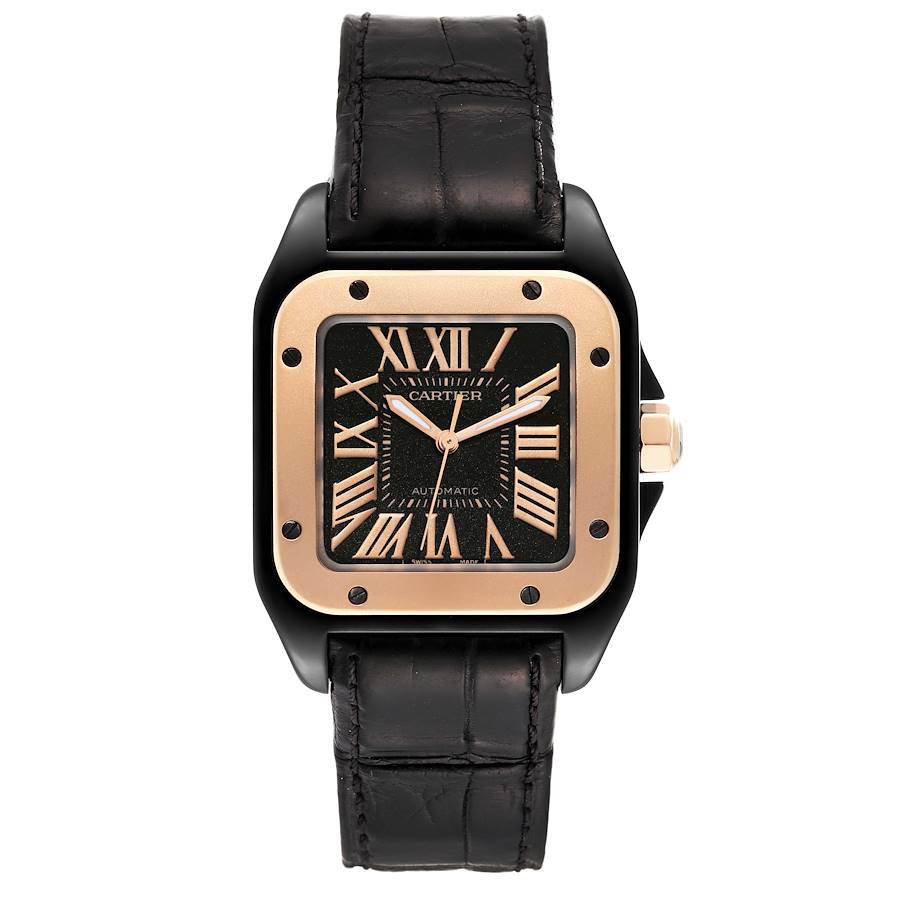 Cartier Santos 100 33mm Black Roman Numerals Dial RG Bezel Black Leather Strap Ladies 2 Tone 18K Rose Gold & Stainless Steel Watch 2878