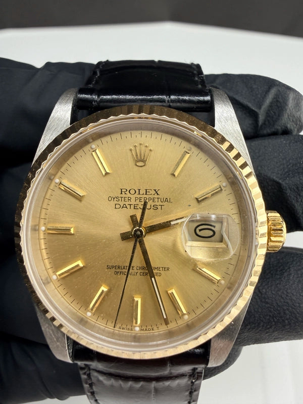 Rolex Datejust 36 Champagne Stick Dial on Generic Leather Strap Ref. 16233 1988