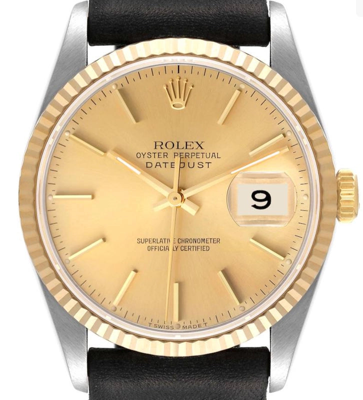 Rolex Datejust 36 Champagne Stick Dial on Generic Black Leather Strap Ref. 16233 1988