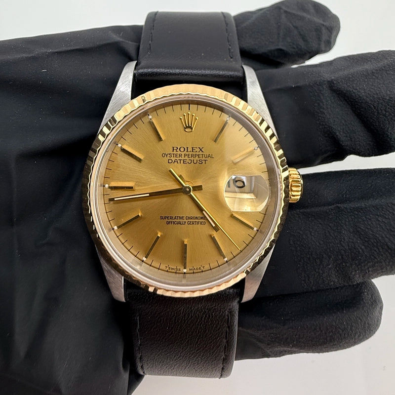 Rolex Datejust 36 Champagne Stick Dial on Generic Leather Strap Ref. 16233 1998
