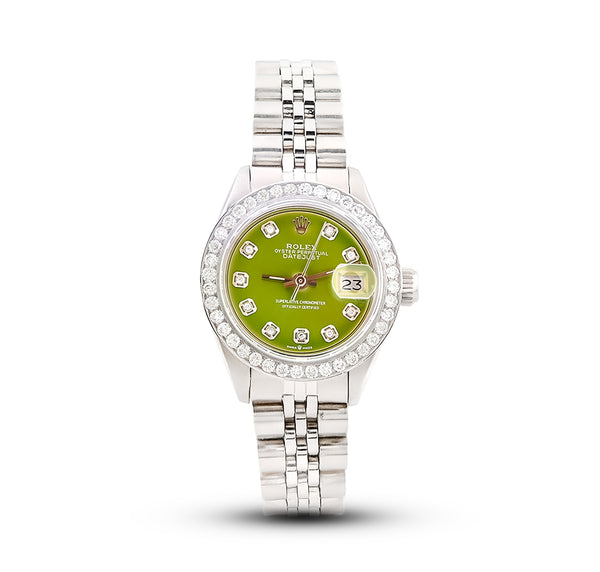 Rolex Datejust 26MM Stainless Steel 1CT Natural Diamond Bezel Green Face Jubilee Band Watch