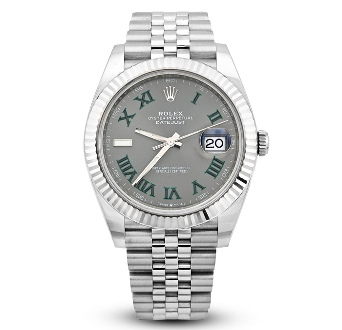 Rolex Datejust 41MM Wimbledon Dial Fluted Bezel Stainless Steel Jubilee Band Watch 126334