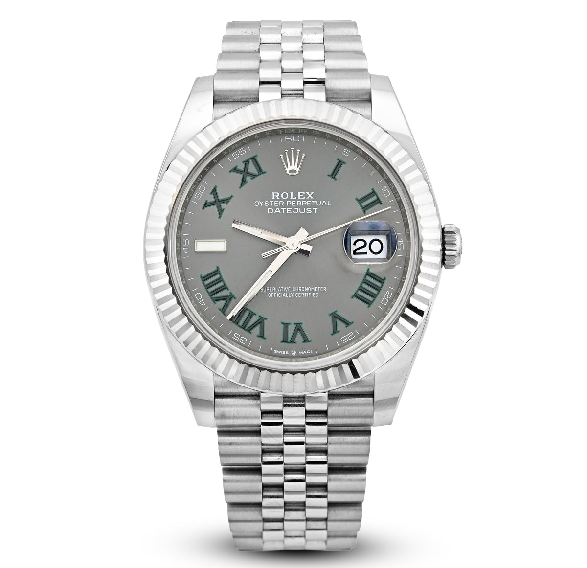 Rolex Datejust 41MM Wimbledon Dial Fluted Bezel Stainless Steel Jubilee Band Watch 126334
