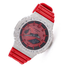 Mens ICED OUT Casio G-Shock GA2100 4.6CTW Natural Diamond Vibrant Red Face and Strap WatchAll Red