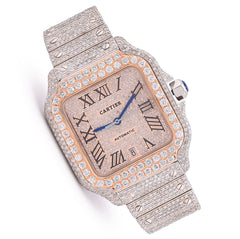 Mens 40MM Cartier Santos 17CTW Natural Diamond Bussdown 2-Tone Rose Bezel Watch