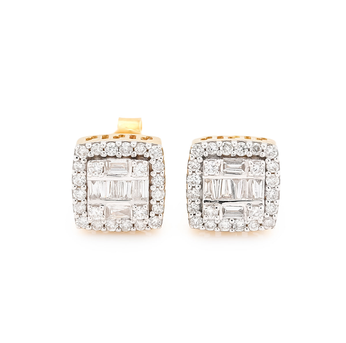 10k Yellow Gold 0.67CTW Round/Baguette Natural Diamond Square Earrings Unisex Studs 3.1g